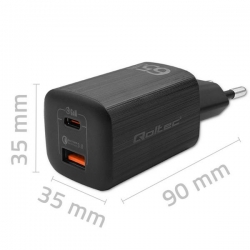 QOLTEC ŁADOWARKA SIECIOWA 65W GAN ULTRA | 5-20V | 2.25-3.25A | 1 X USB TYP C PD | 1 X USB QC 3.0 | CZARNA-622997