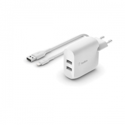 DUAL USB-A CHARGER/W/LIGHTNING CABLE 1M 24W WHITE