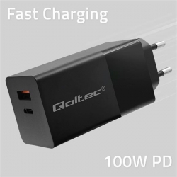 QOLTEC ŁADOWARKA GAN POWER PRO | 1XUSB-C | 1XUSB | 100W | 5-20V | 1.5-5A | PD | CZARNA-623209