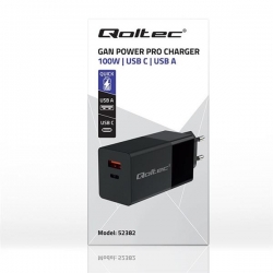 QOLTEC ŁADOWARKA GAN POWER PRO | 1XUSB-C | 1XUSB | 100W | 5-20V | 1.5-5A | PD | CZARNA-623211