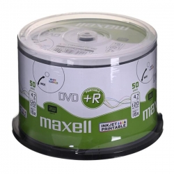 MAXELL DVD+R 4,7GB, 50 szt.  w opakowaniu cake (szpindel). Prędkość zapisu 16X, 120 min.  Płyty do nadruku atramentowego. Przeznaczenie Multimedia.