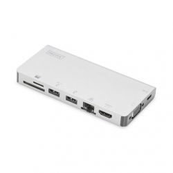 Stacja dokująca podróżna USB Typ C, 8 portów4K, HDMI, VGA, USB, RJ45, microSD, SD/MMC, srebrna